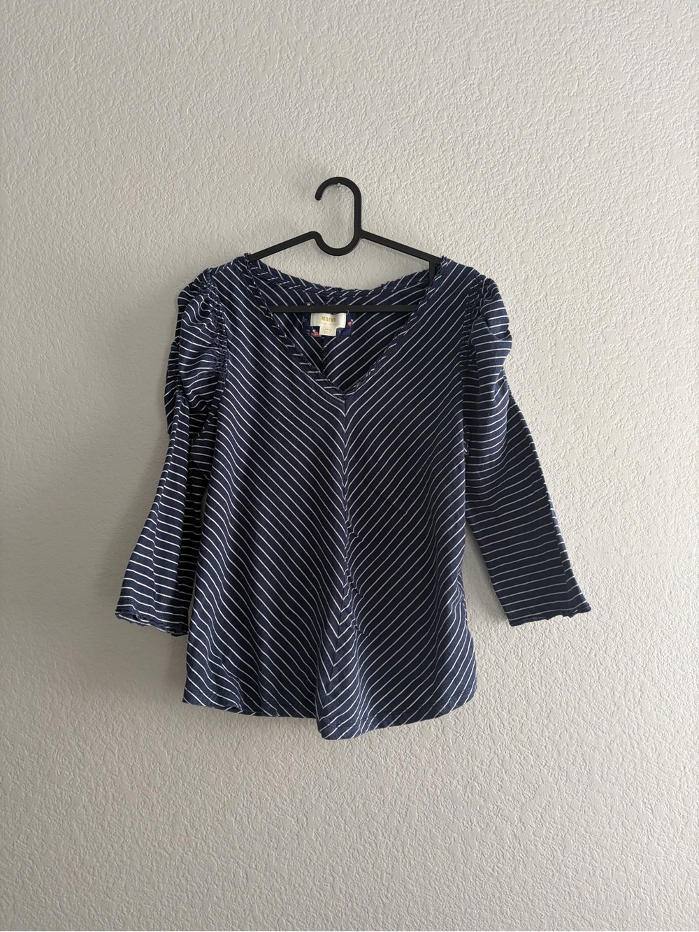Anthropologie Navy and White Diagonal-Strip V-Neck Blouse